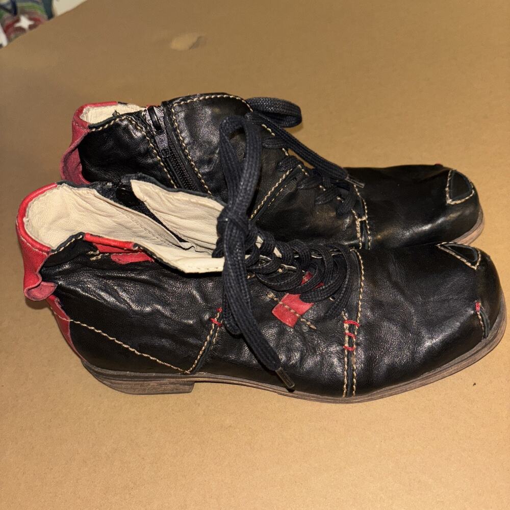 Vintage Rivers Leather Lace Up Boots Bohemian 38 Black Red Leather - Picture 2 of 7